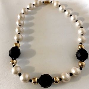 Pearl, Black Bead and Gold Necklace